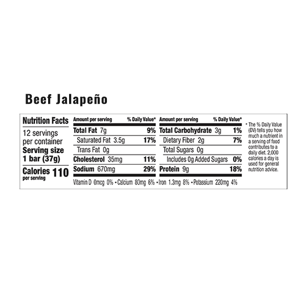 Nutrition facts for EPIC's Beef Jalapeno Bar.