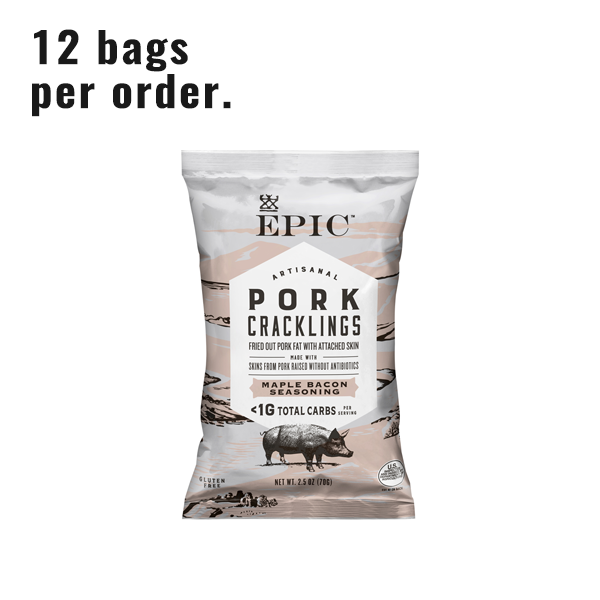 Single bag of EPIC's Maple Bacon Seasoned Fried Pork Cracklings on a white background.
