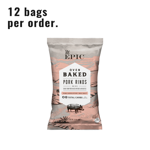 An individual bag of EPIC's Oven Baked Pink Himalayan Sea Salt Pork Rinds on a white background.