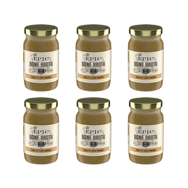 Six jars of EPIC Provisions' Homestyle Savory Chicken Bone Broth on a white background.