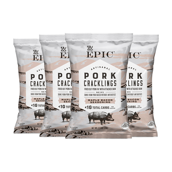 Four bags of EPIC Maple Bacon Seasoned Pork Cracklings on a white background.
