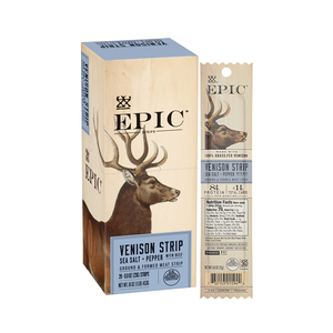 A single box of EPIC Provisions' 100% Grass-fed Venison Sea Salt and Pepper with Beef Snack Strips next to a single Venison Sea Salt and Pepper with Beef Snack Strip on a white background.