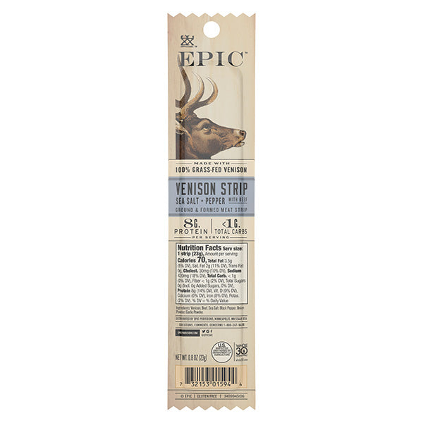 single venison with beef snack strip on a white background